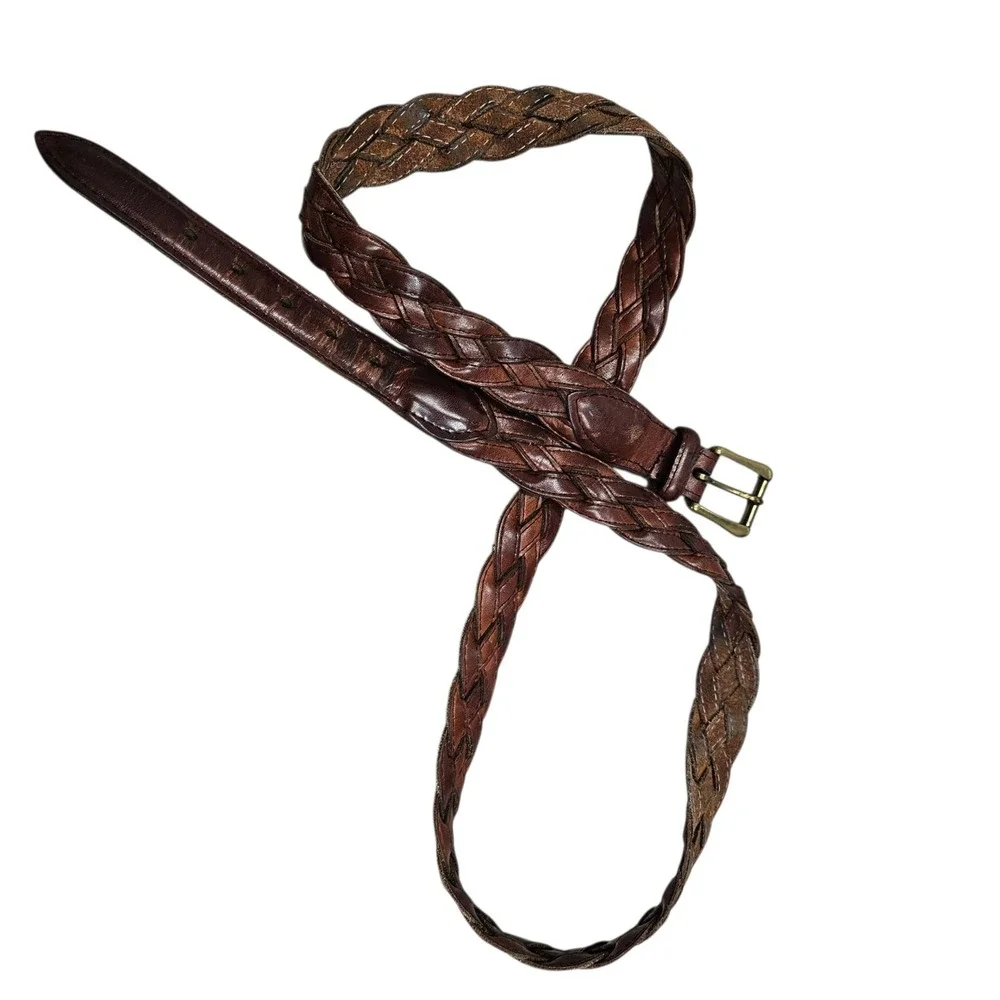 Solid Brass Braided Leather Belt Brown Woven Casual Mens Size 42 Business Casual